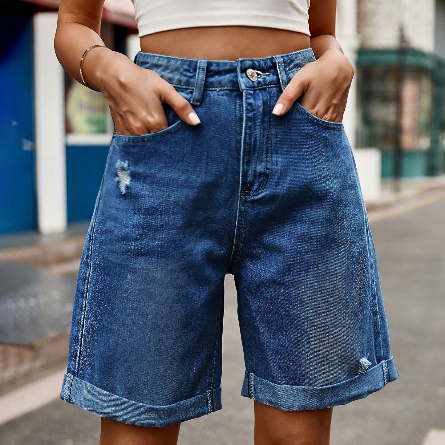 Damskie luźne szorty jeansowe z podwiniętym dołem - Heidi Fashion 5