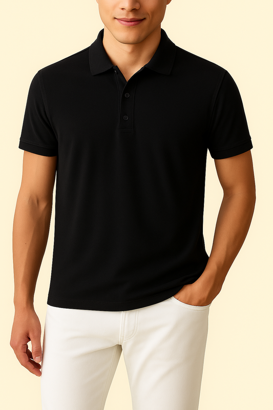Czarna Koszulka Polo z Kołnierzykiem Żebrowanym i Zapięciem na 3 Guziki | Kacper – Czarny