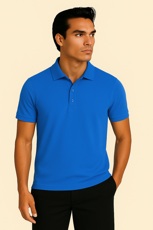 Niebieska Koszulka Polo z Kołnierzykiem Żebrowanym i Zapięciem na 3 Guziki | Leon – Niebieski