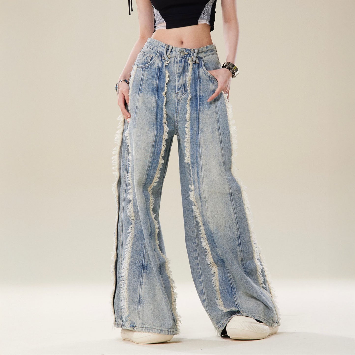 Adelina Frayed Wide-Leg Denim 0