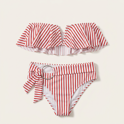 Bikini dwuczęściowe – Falbaniasty top w paski i dół z metalowym kółkiem