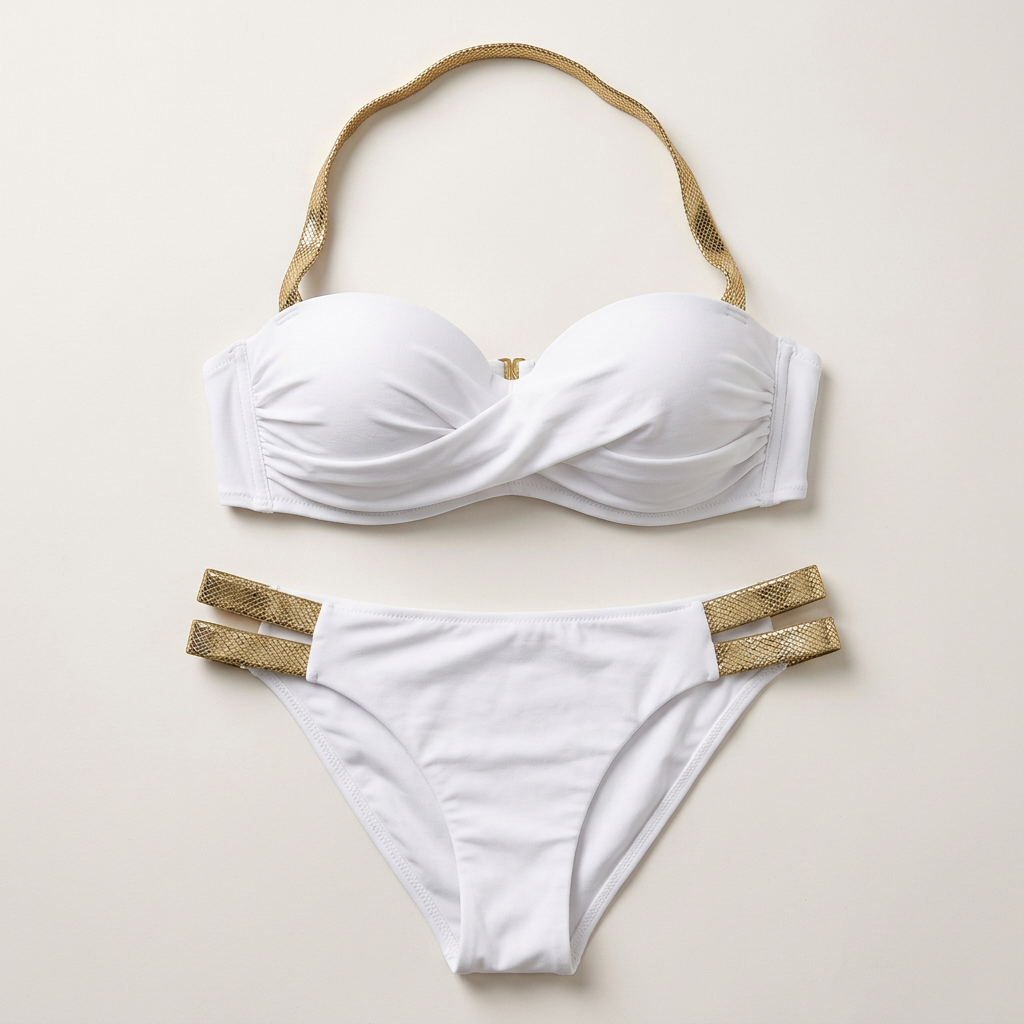 Bikini dwuczęściowe – Top bez ramiączek z metalicznymi pasami i detalami na biodrach