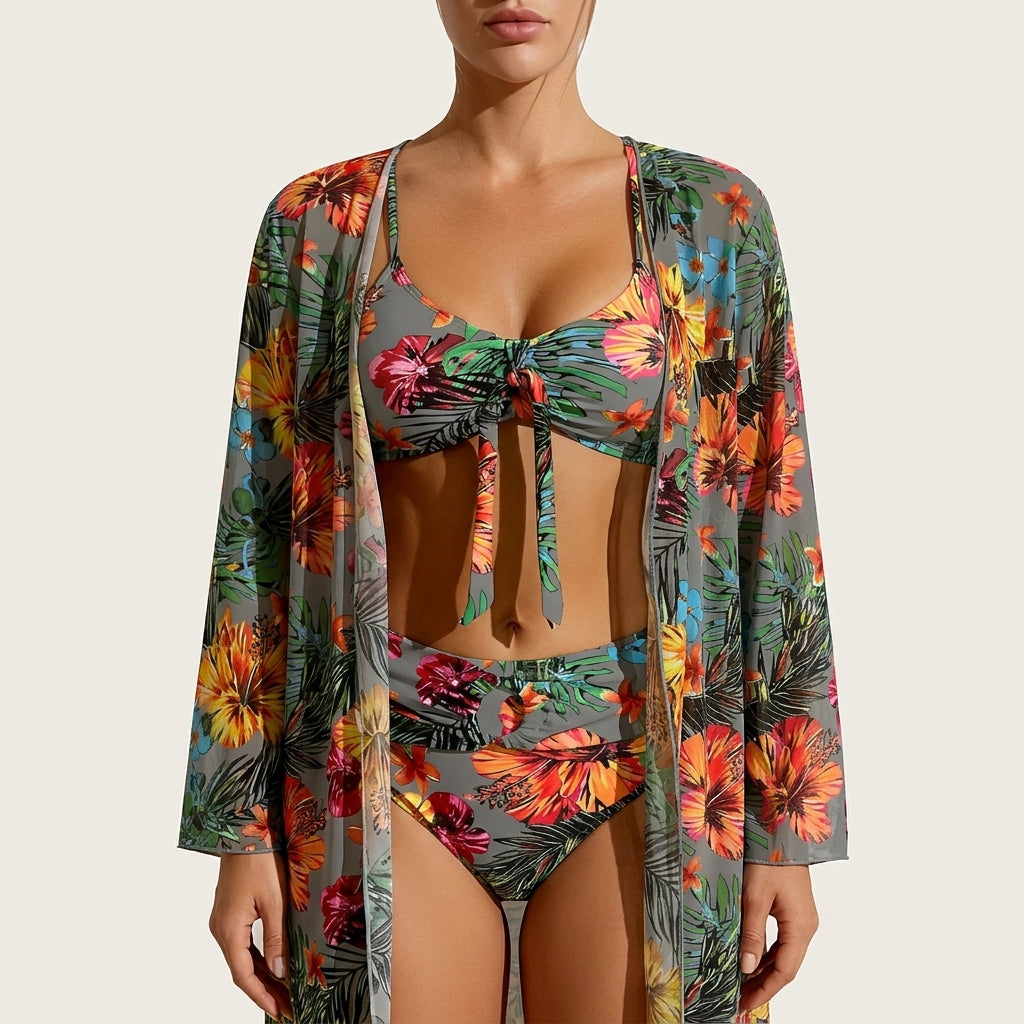 Damski 3-częściowy komplet kąpielowy – Bikini z wiązaniem i kimono