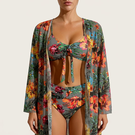 Damski 3-częściowy komplet kąpielowy – Bikini z wiązaniem i kimono