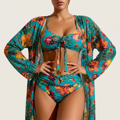 Damski 3-częściowy komplet kąpielowy – Bikini z wiązaniem i kimono