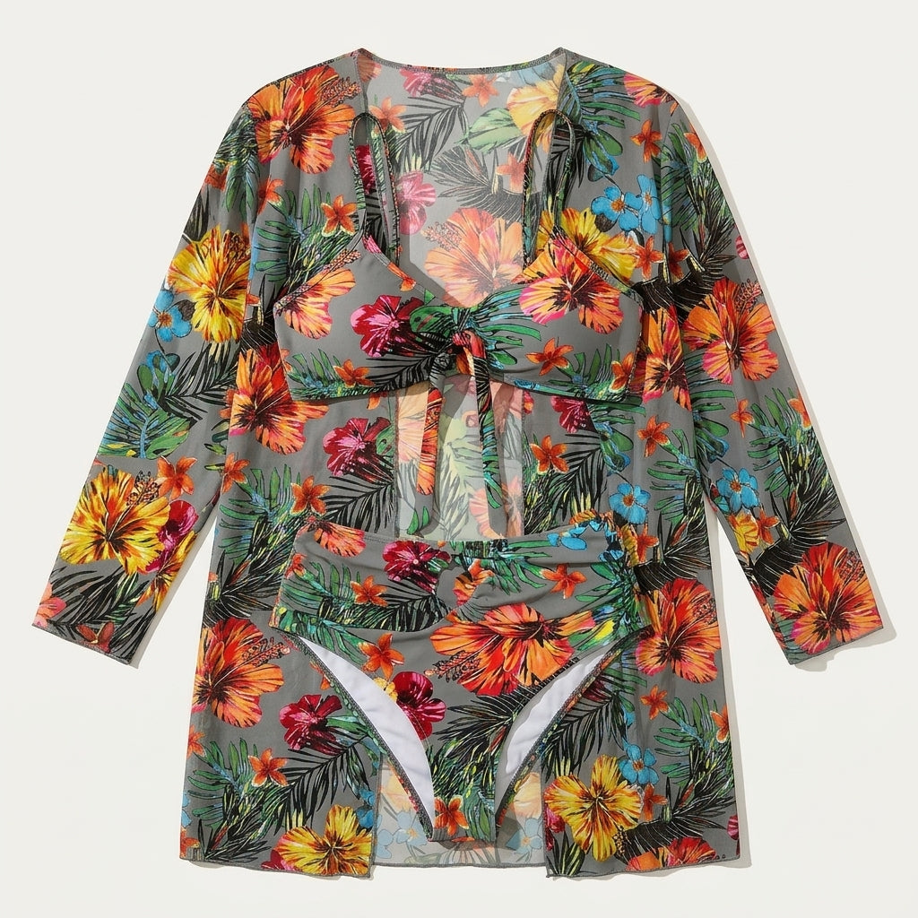 Damski 3-częściowy komplet kąpielowy – Bikini z wiązaniem i kimono