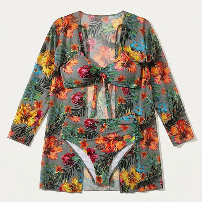 Damski 3-częściowy komplet kąpielowy – Bikini z wiązaniem i kimono