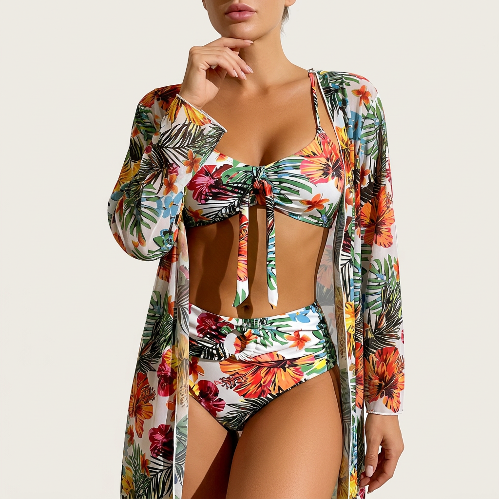 Damski 3-częściowy komplet kąpielowy – Bikini z wiązaniem i kimono