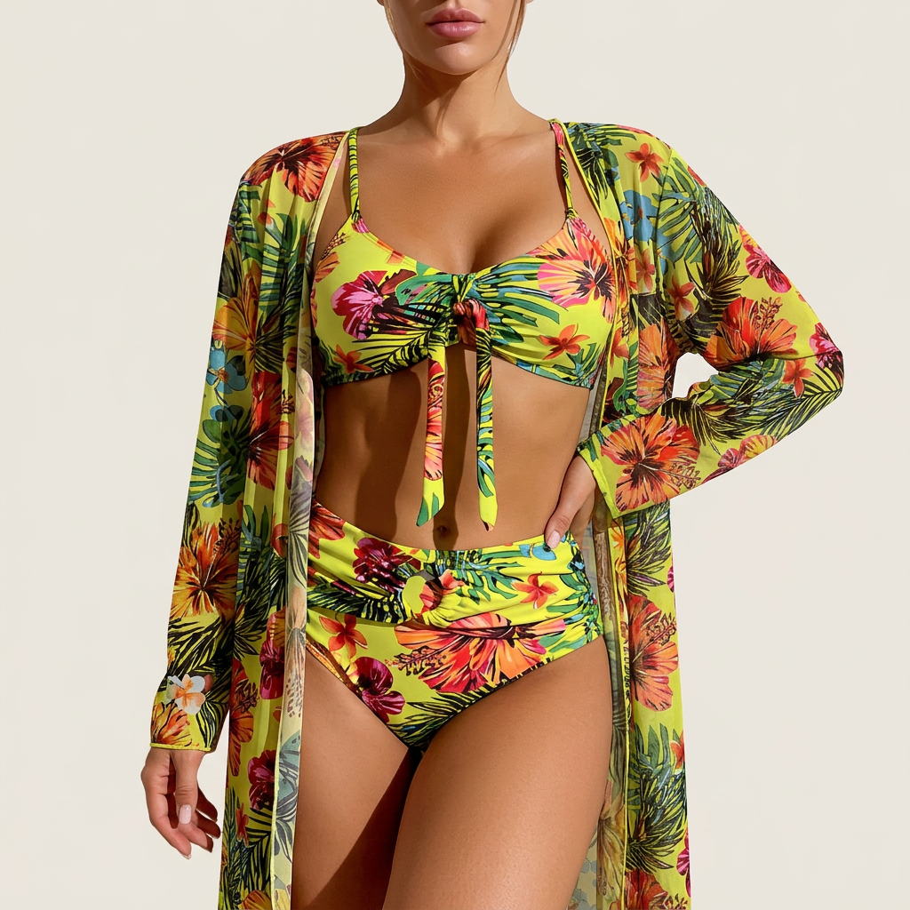 Damski 3-częściowy komplet kąpielowy – Bikini z wiązaniem i kimono