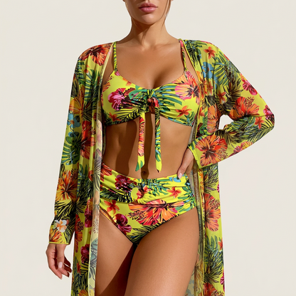 Damski 3-częściowy komplet kąpielowy – Bikini z wiązaniem i kimono