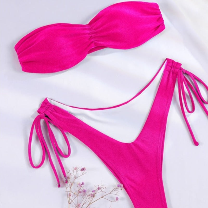 Damski dwuczęściowy strój kąpielowy bikini z marszczeniem i wiązaniami 2