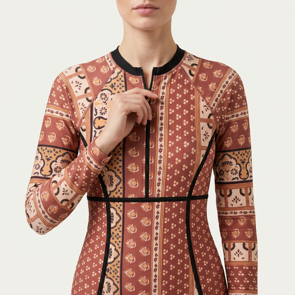 Damski strój kąpielowy typu rash guard – Okrągły dekolt i wzorzyste panele