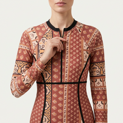 Damski strój kąpielowy typu rash guard – Okrągły dekolt i wzorzyste panele