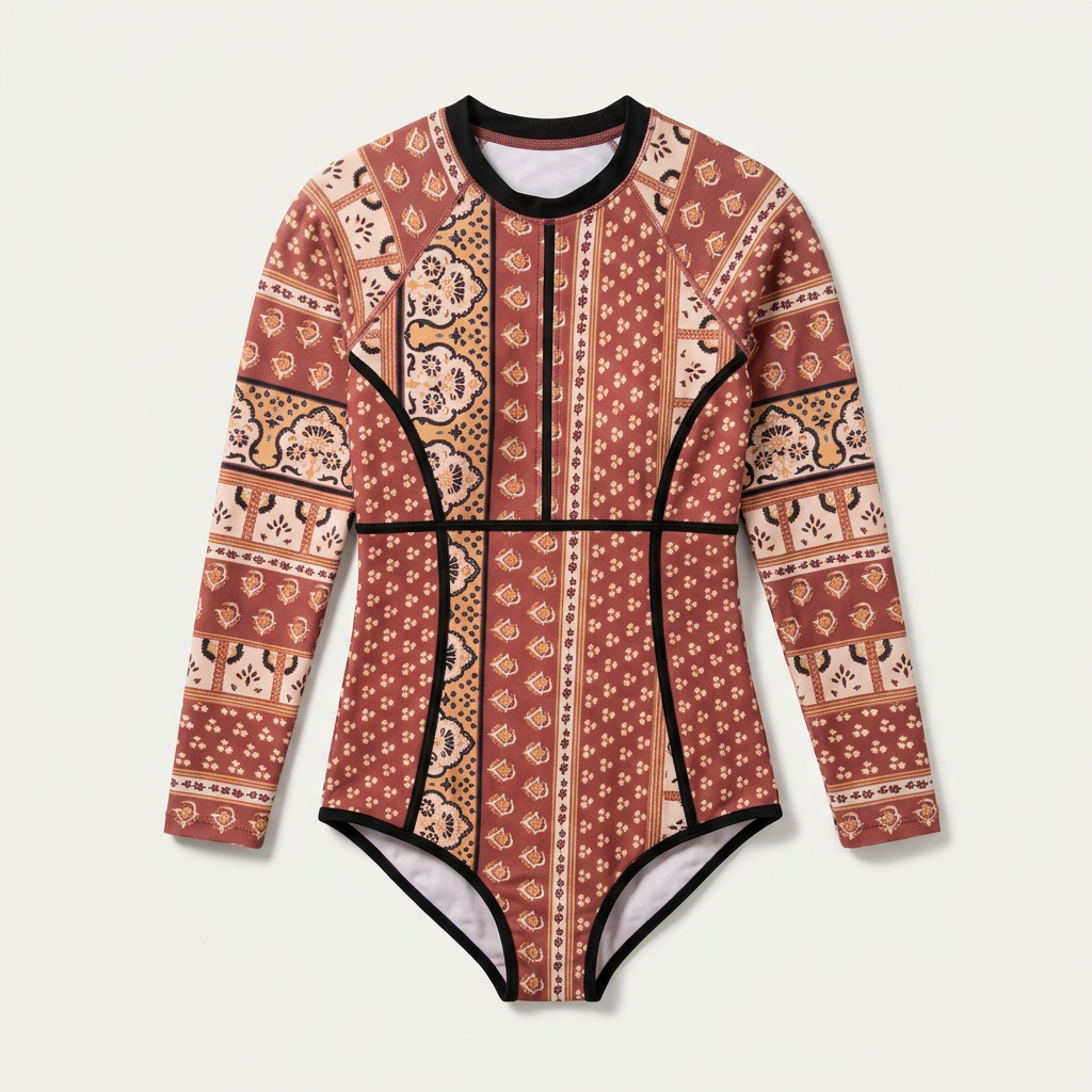 Damski strój kąpielowy typu rash guard – Okrągły dekolt i wzorzyste panele