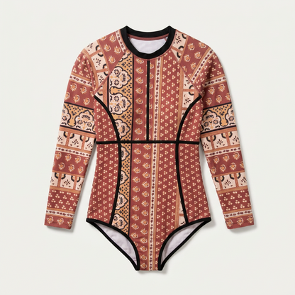 Damski strój kąpielowy typu rash guard – Okrągły dekolt i wzorzyste panele