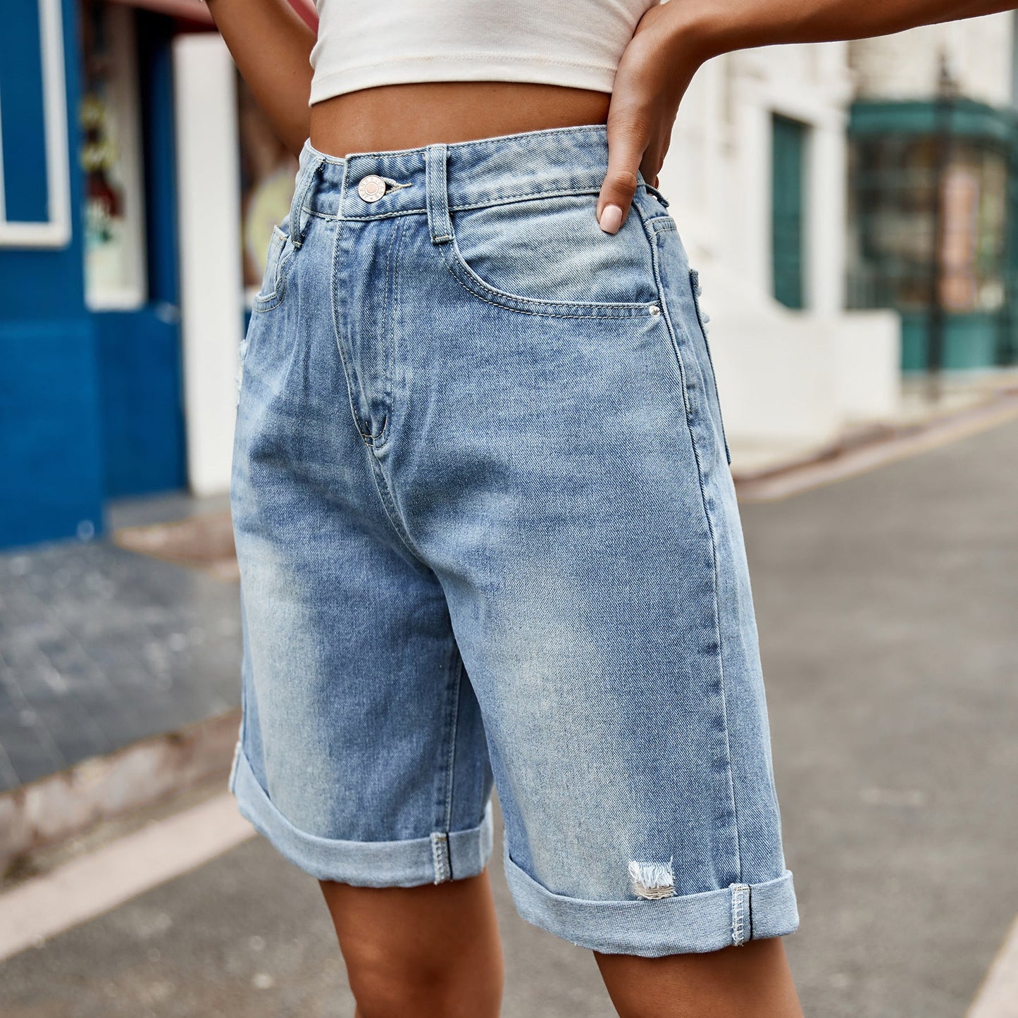 Damskie luźne szorty jeansowe z podwiniętym dołem - Heidi Fashion 0