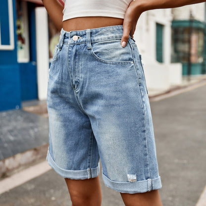Damskie luźne szorty jeansowe z podwiniętym dołem - Heidi Fashion 0