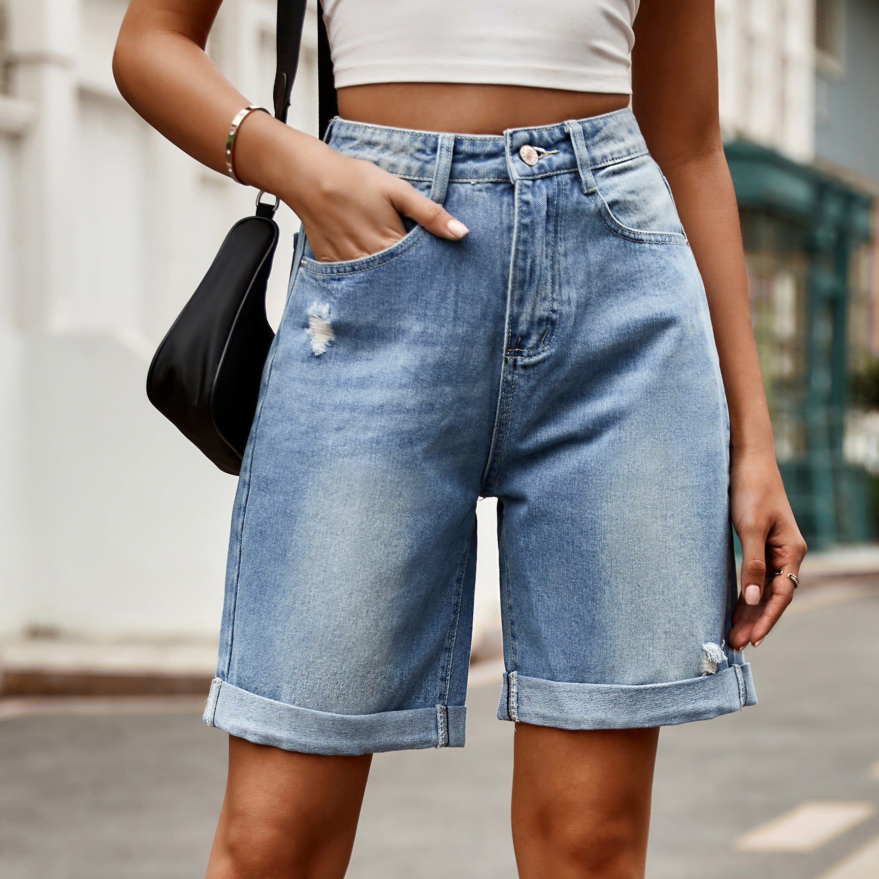 Damskie luźne szorty jeansowe z podwiniętym dołem - Heidi Fashion 1