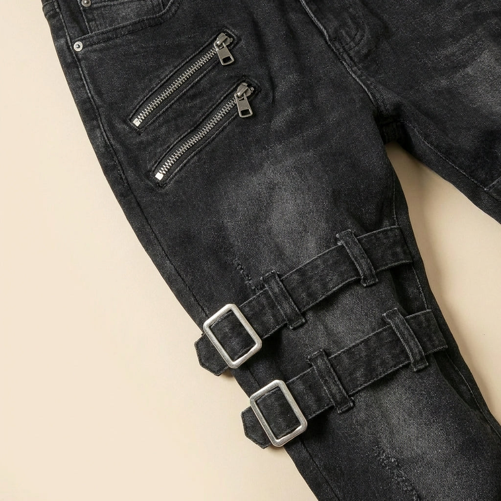 Spodnie męskie skinny – Detale z klamrami i kieszenie na zamek