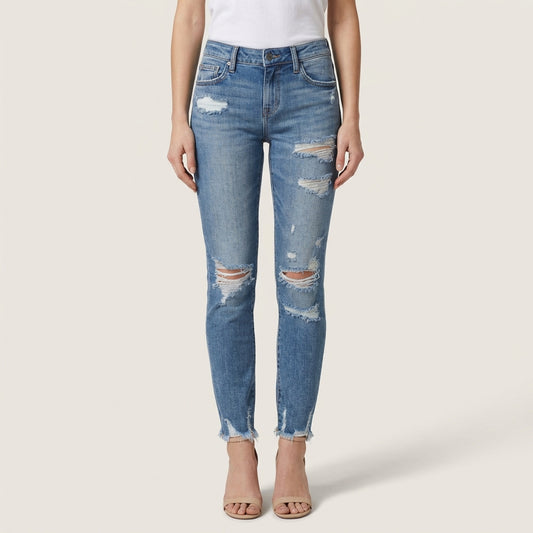 Spodnie damskie fason slim – Detale z przetarciami i postrzępiony dół