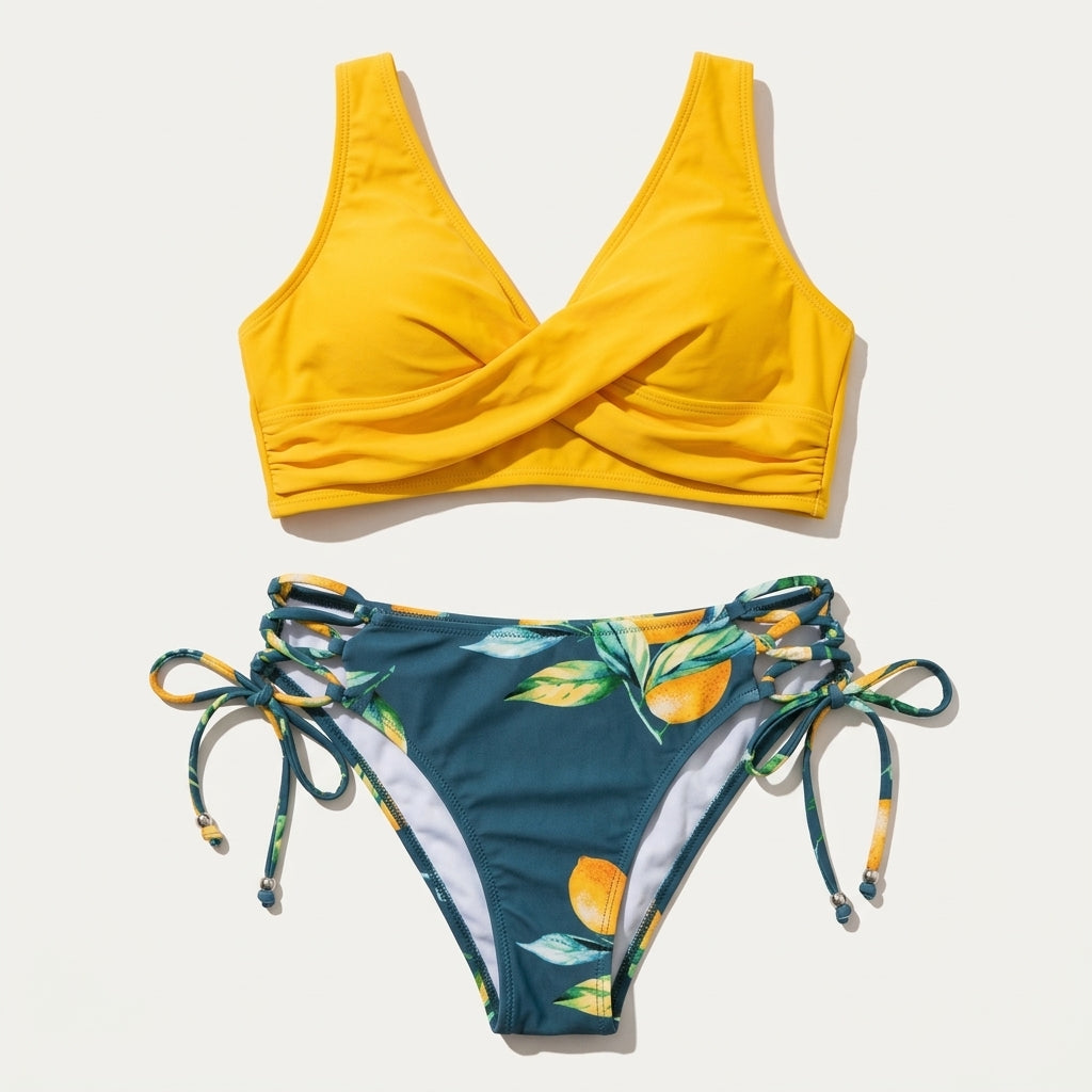 Damski kostium kąpielowy – Góra od bikini typu wrap i dół z wiązaniami