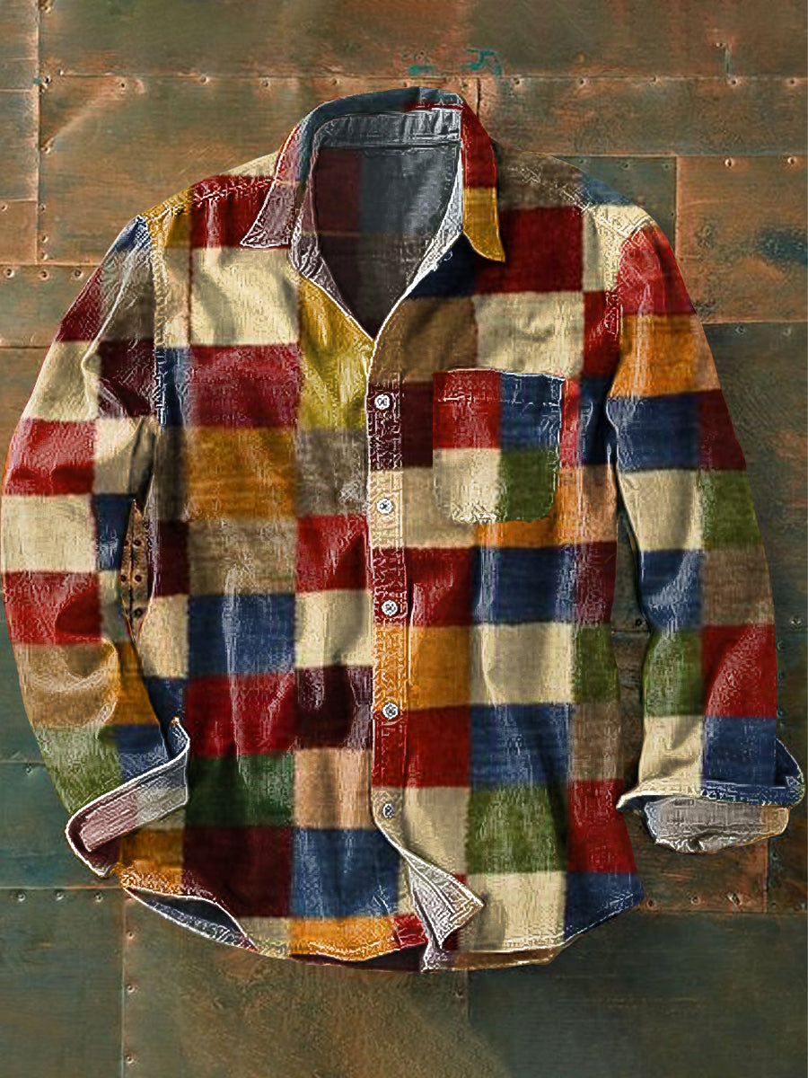 Koszula z długim rękawem w stylu vintage | W kolorowe patchworki dla mężczyzn 0