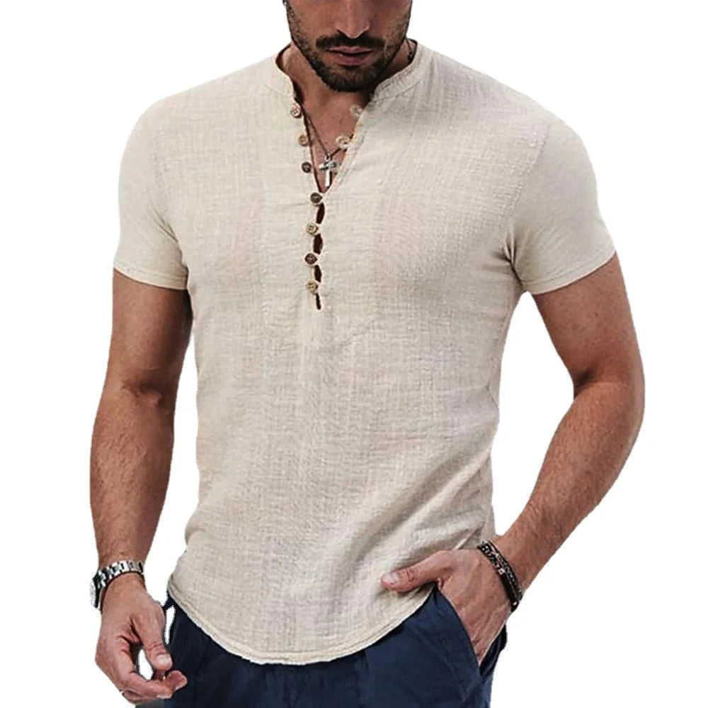 Męska Lniana Koszulka boho z Krótkim Rękawem i Guzikami 3