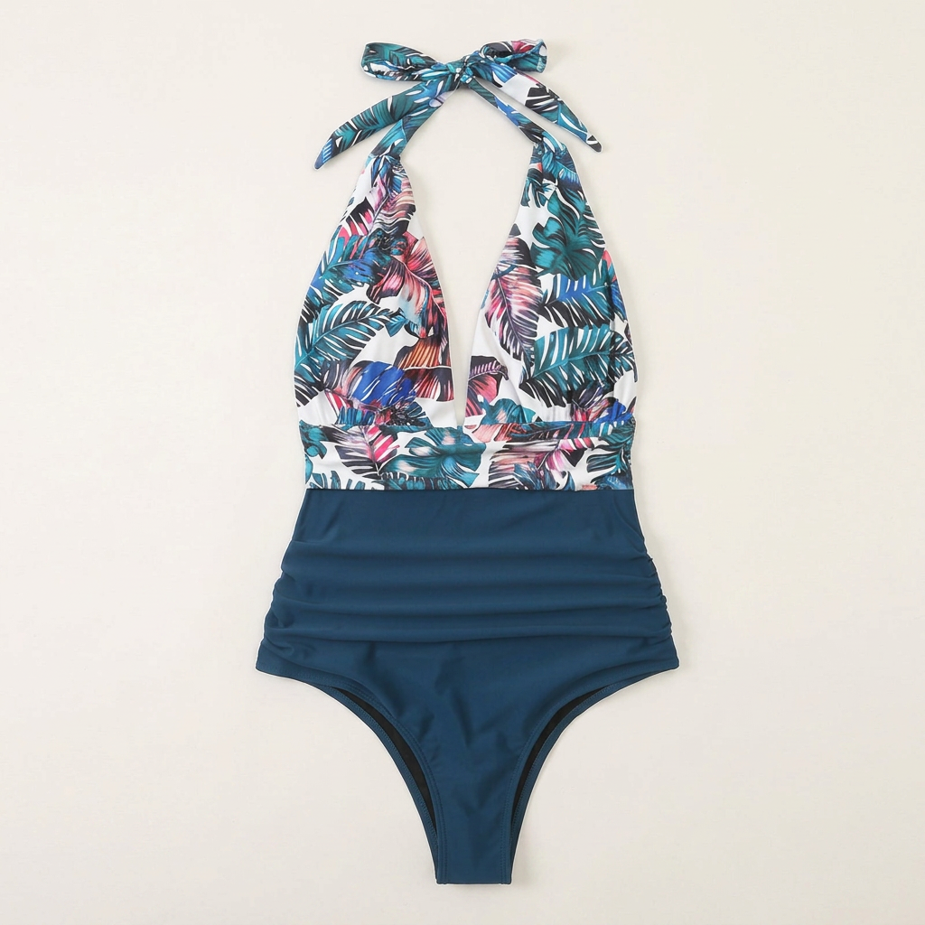 Monokini – Głęboki dekolt i motyw roślinny