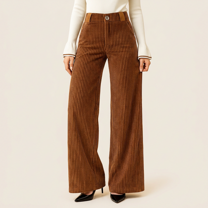 Spodnie damskie typu dzwony – Pionowe prążki i guzik z przodu