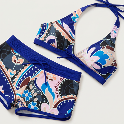 Strój kąpielowy dwuczęściowy – Góra typu halter i szorty w kwiatowy wzór