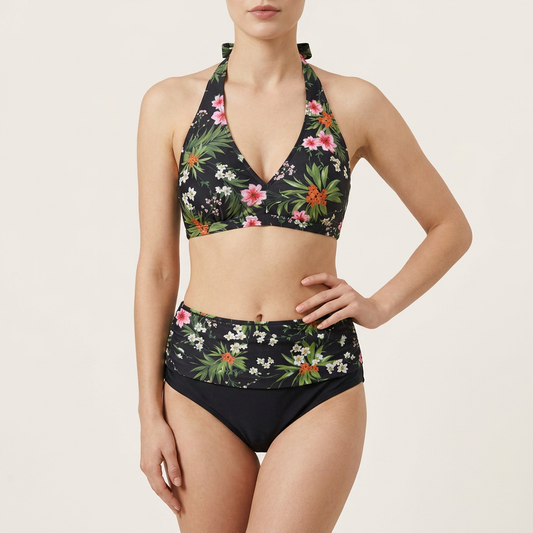 Strój kąpielowy dwuczęściowy – Top typu halter i wysokie majtki w kwiatowy wzór