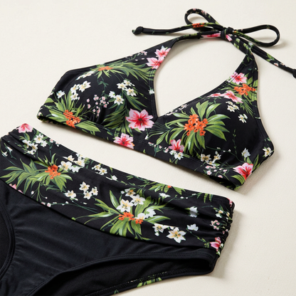 Strój kąpielowy dwuczęściowy – Top typu halter i wysokie majtki w kwiatowy wzór