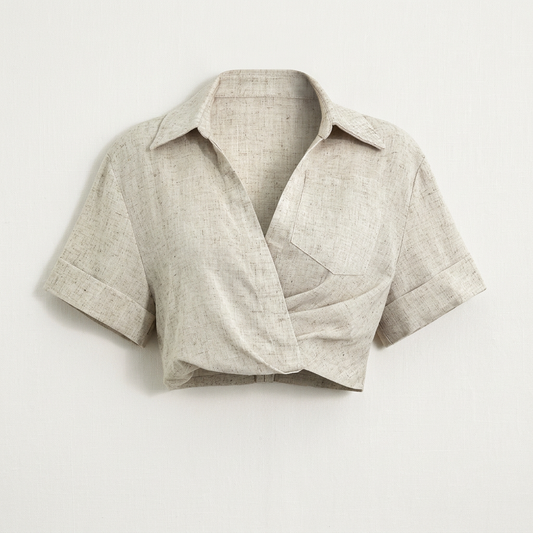 Bluzka damska krótka – Kopertowy przód i krótki rękaw z mankietem